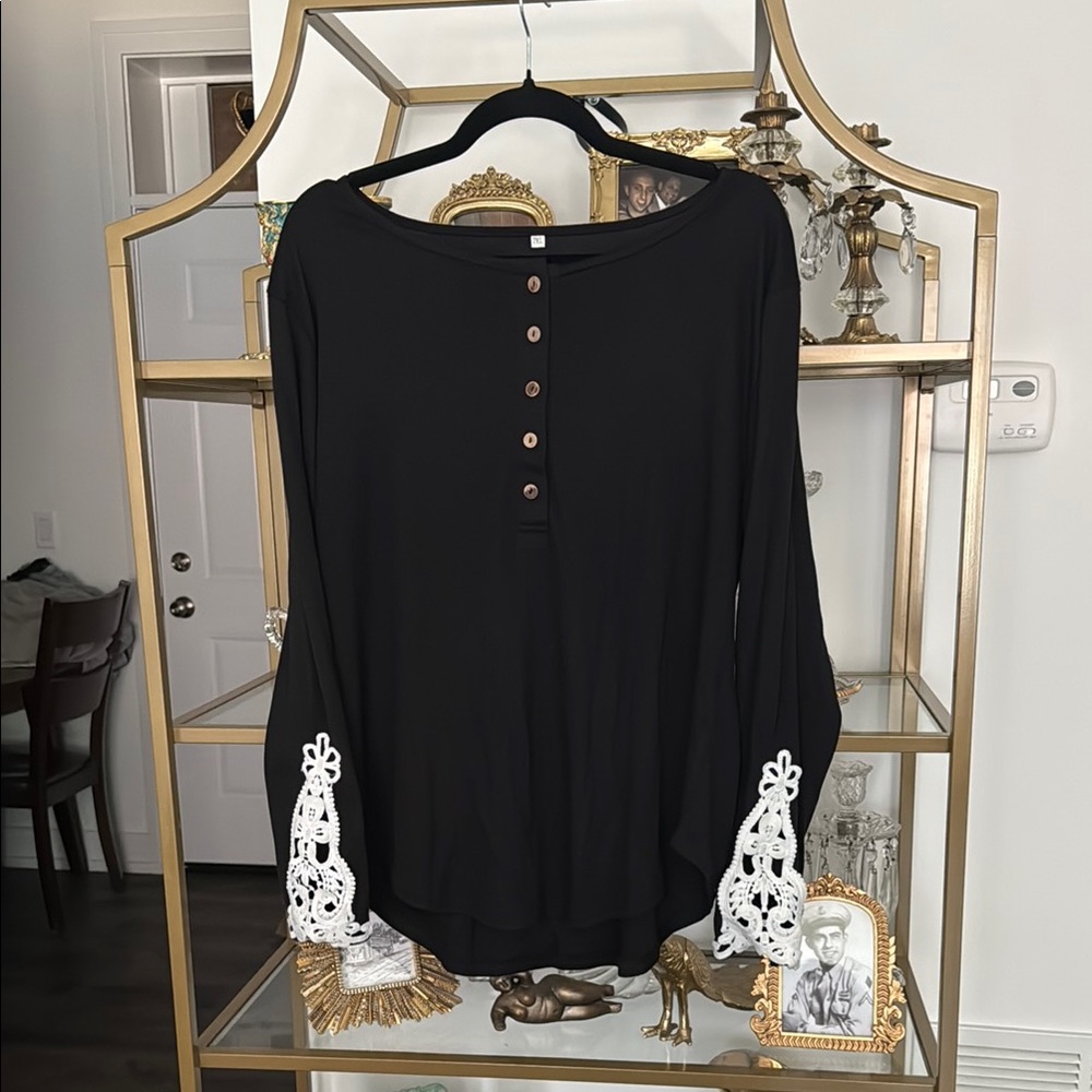 Black Button-Down Women's Top with Lace Accents
